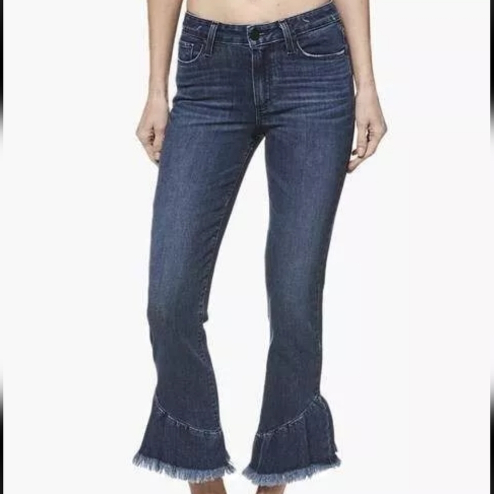 Paige Women's Flora Frayed Flared Ruffle Hem Cropped Dark Denim Jeans Size 27